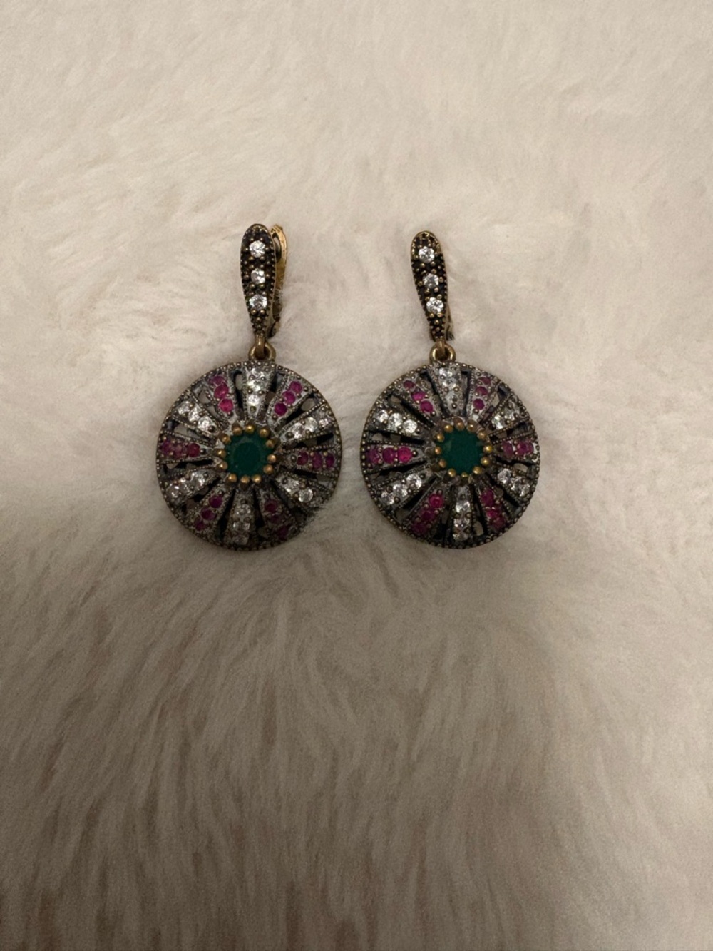 Brass-Tone Green & Pink Crystal Disc Drop Earrings Turkish Style